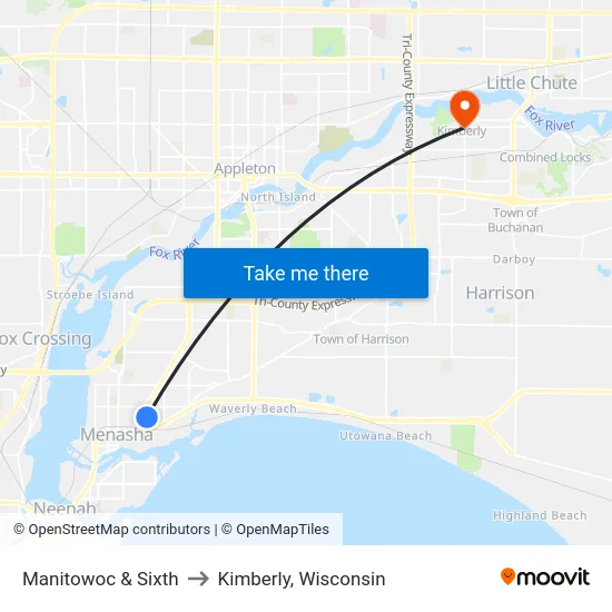 Manitowoc & Sixth to Kimberly, Wisconsin map