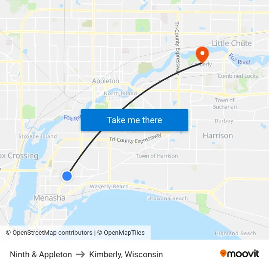 Ninth & Appleton to Kimberly, Wisconsin map