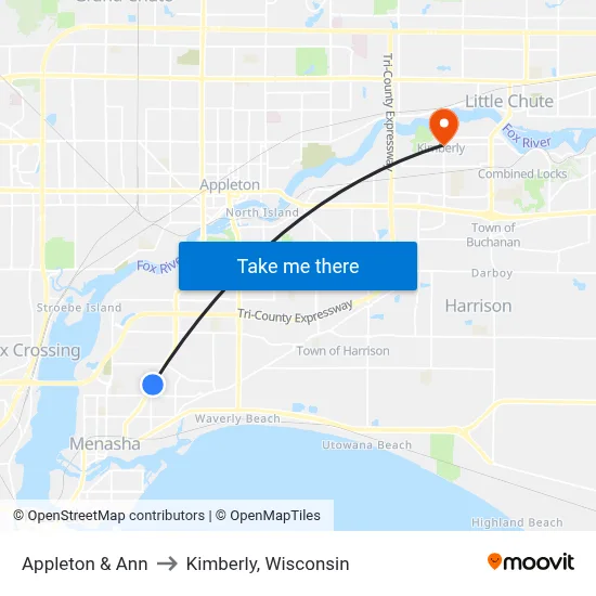 Appleton &  Ann to Kimberly, Wisconsin map