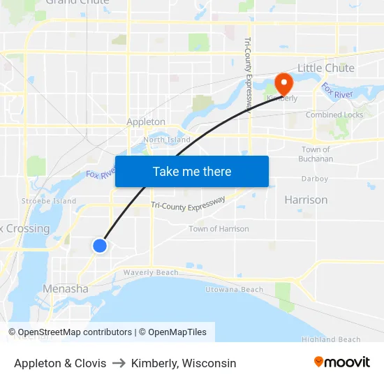 Appleton & Clovis to Kimberly, Wisconsin map