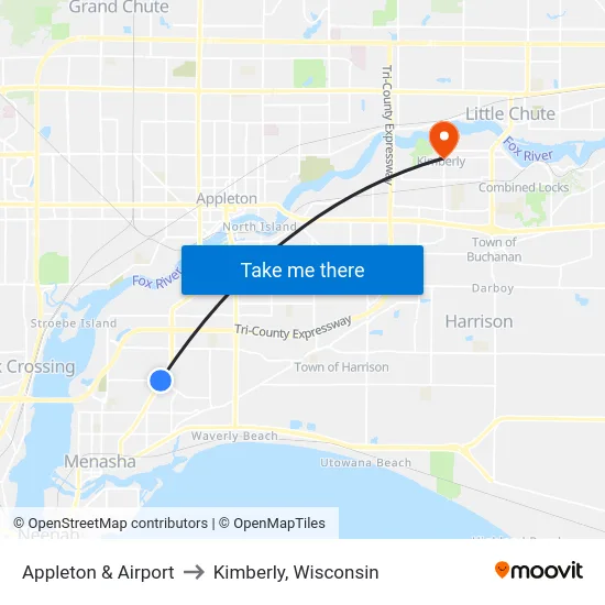 Appleton & Airport to Kimberly, Wisconsin map