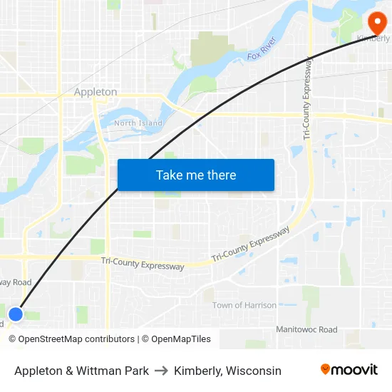 Appleton & Wittman Park to Kimberly, Wisconsin map