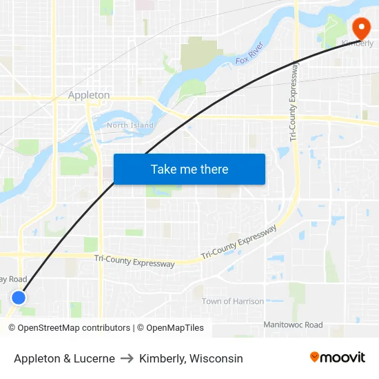 Appleton & Lucerne to Kimberly, Wisconsin map
