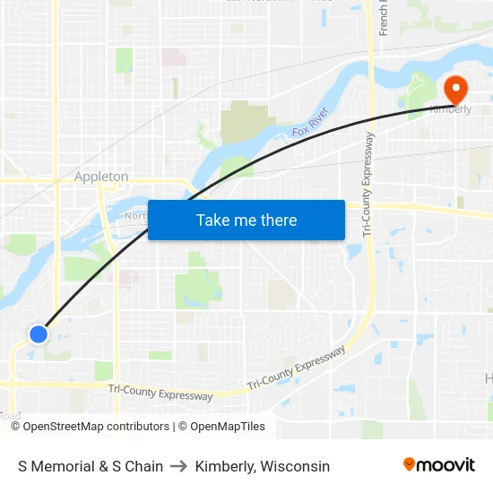S Memorial & S Chain to Kimberly, Wisconsin map