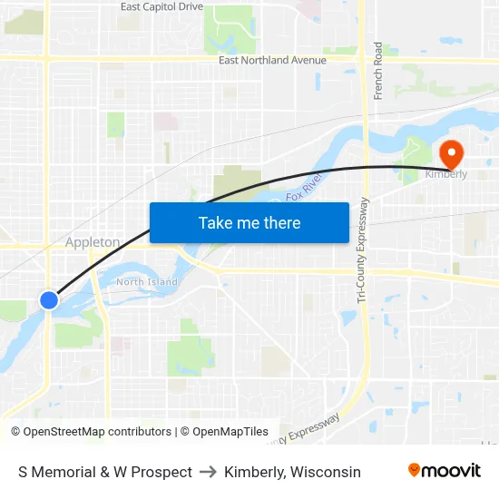 S Memorial & W Prospect to Kimberly, Wisconsin map