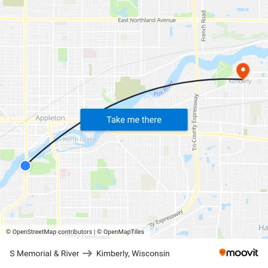S Memorial & River to Kimberly, Wisconsin map
