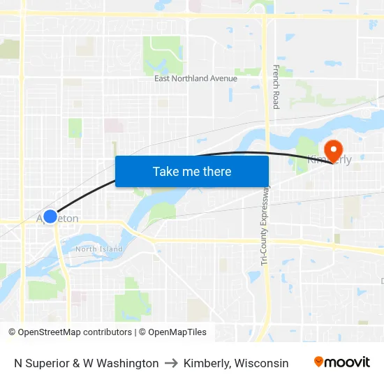 N Superior & W Washington to Kimberly, Wisconsin map