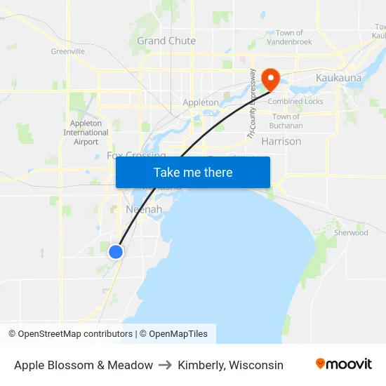 Apple Blossom & Meadow to Kimberly, Wisconsin map
