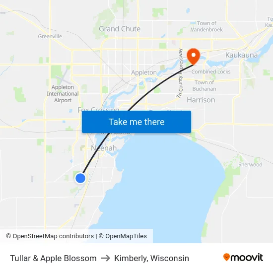 Tullar &  Apple Blossom to Kimberly, Wisconsin map
