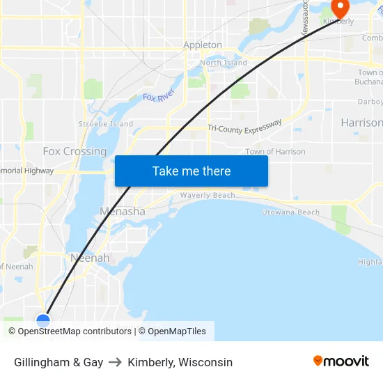 Gillingham & Gay to Kimberly, Wisconsin map
