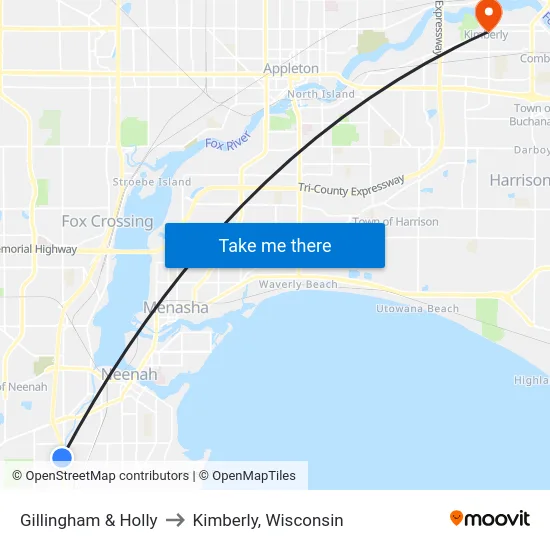 Gillingham & Holly to Kimberly, Wisconsin map