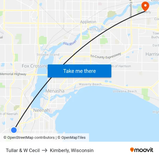 Tullar & W Cecil to Kimberly, Wisconsin map