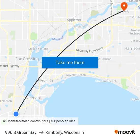 996 S Green Bay to Kimberly, Wisconsin map