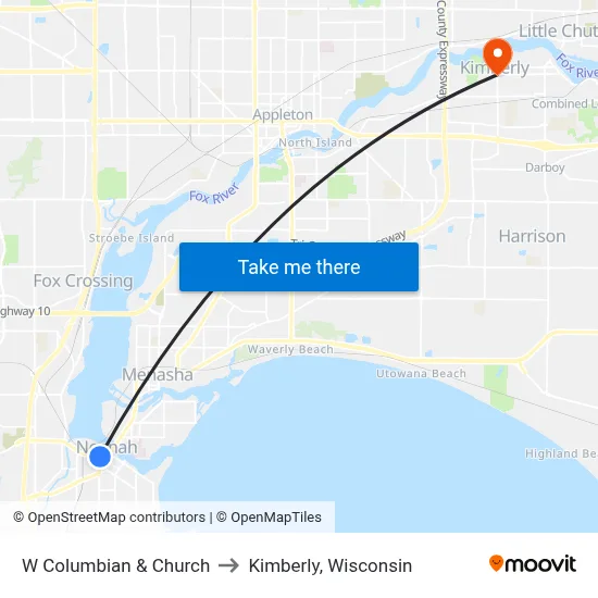 W Columbian & Church to Kimberly, Wisconsin map