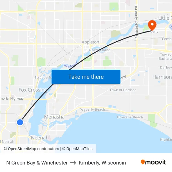 N Green Bay & Winchester to Kimberly, Wisconsin map