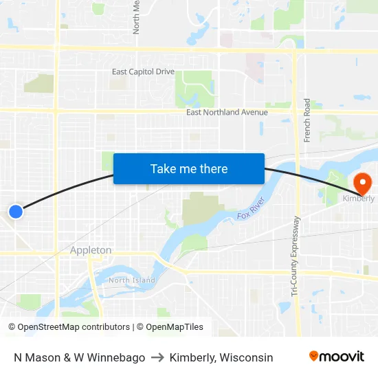 N Mason & W Winnebago to Kimberly, Wisconsin map