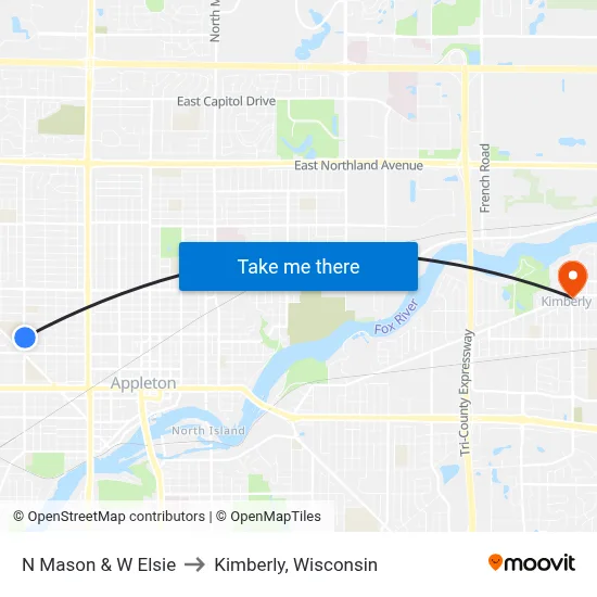 N Mason & W Elsie to Kimberly, Wisconsin map