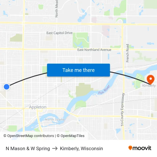 N Mason & W Spring to Kimberly, Wisconsin map