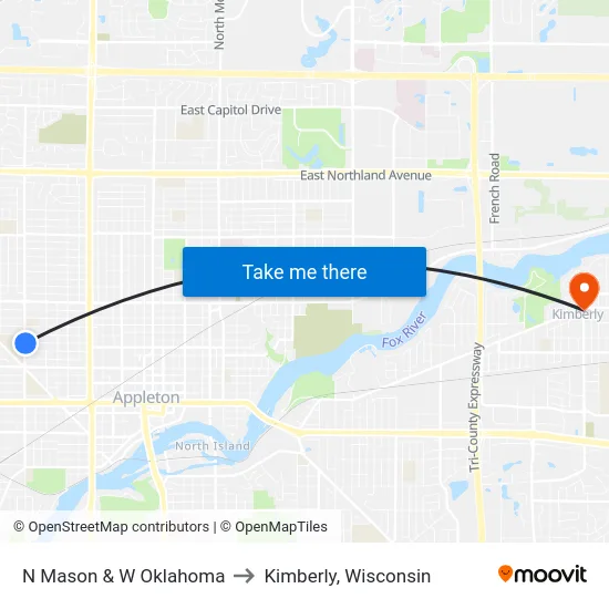 N Mason & W Oklahoma to Kimberly, Wisconsin map