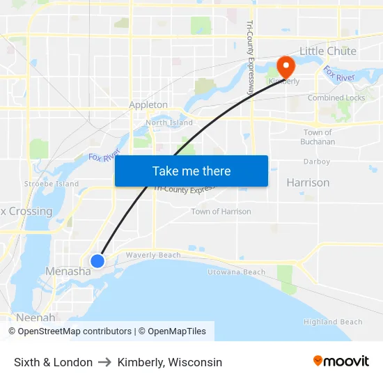 Sixth & London to Kimberly, Wisconsin map
