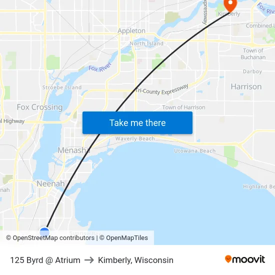 125 Byrd @ Atrium to Kimberly, Wisconsin map