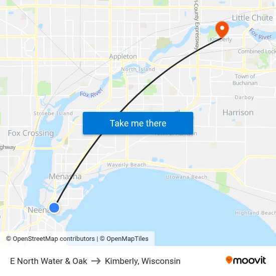 E North Water & Oak to Kimberly, Wisconsin map