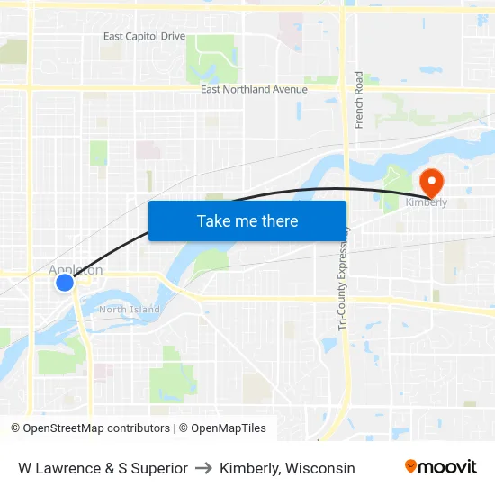 W Lawrence & S Superior to Kimberly, Wisconsin map