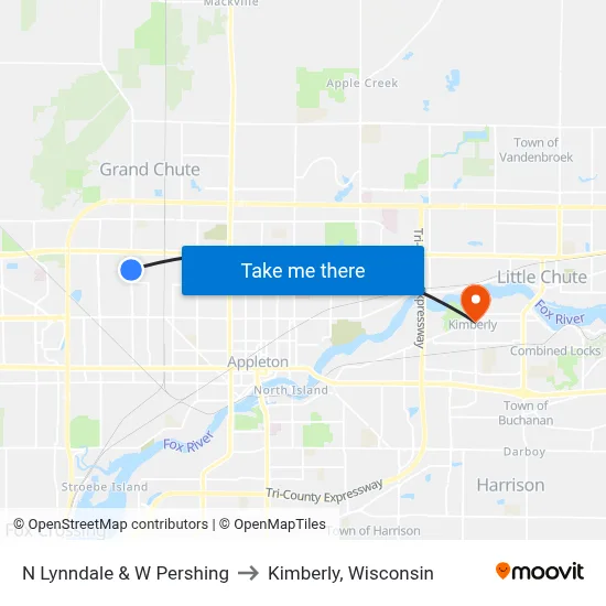 N Lynndale & W Pershing to Kimberly, Wisconsin map