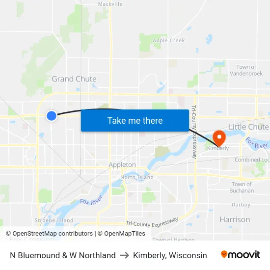 N Bluemound & W Northland to Kimberly, Wisconsin map