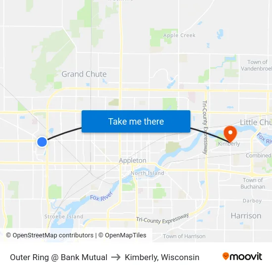 Outer Ring @ Bank Mutual to Kimberly, Wisconsin map