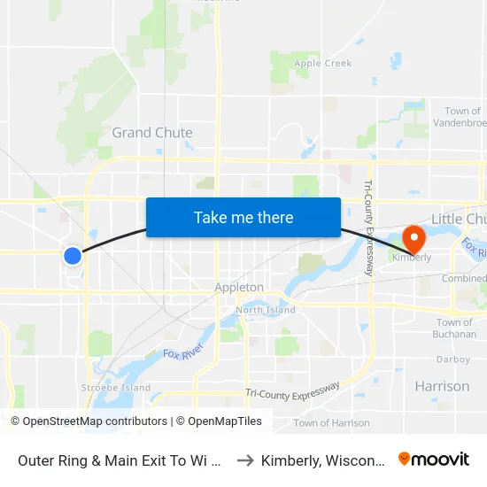 Outer Ring & Main Exit To Wi Ave to Kimberly, Wisconsin map