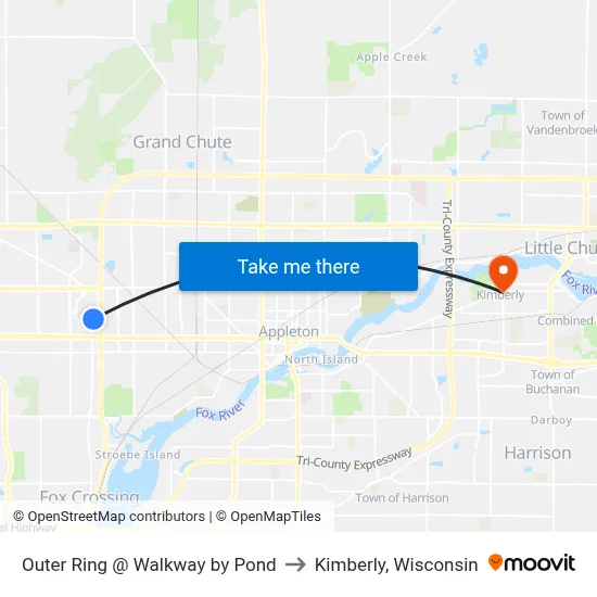 Outer Ring @ Walkway by Pond to Kimberly, Wisconsin map
