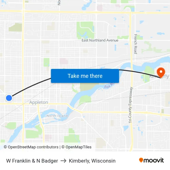 W Franklin & N Badger to Kimberly, Wisconsin map