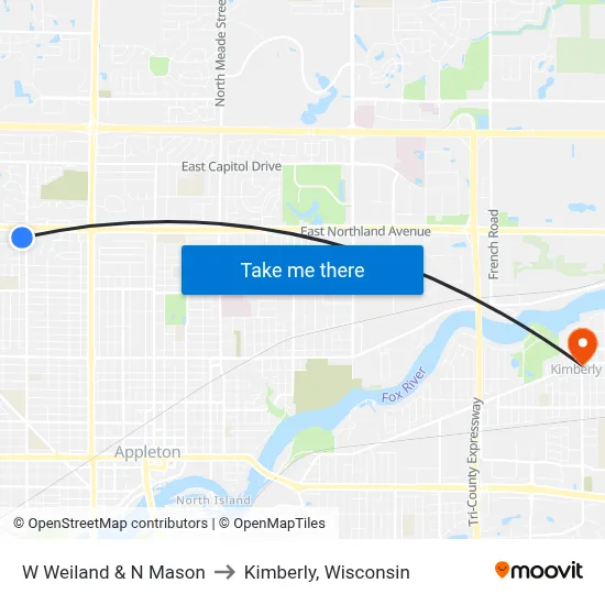 W Weiland & N Mason to Kimberly, Wisconsin map