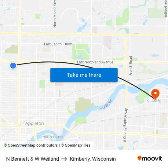 N Bennett & W Weiland to Kimberly, Wisconsin map