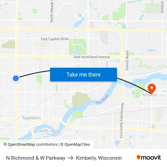 N Richmond & W Parkway to Kimberly, Wisconsin map