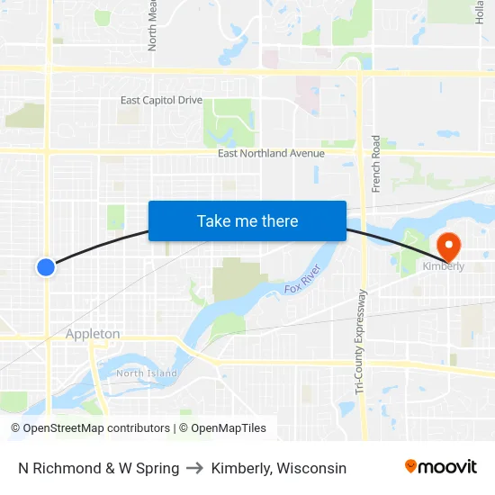 N Richmond & W Spring to Kimberly, Wisconsin map