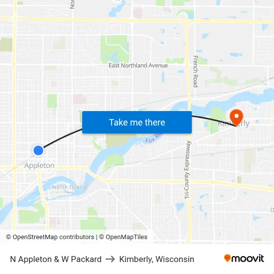 N Appleton & W Packard to Kimberly, Wisconsin map