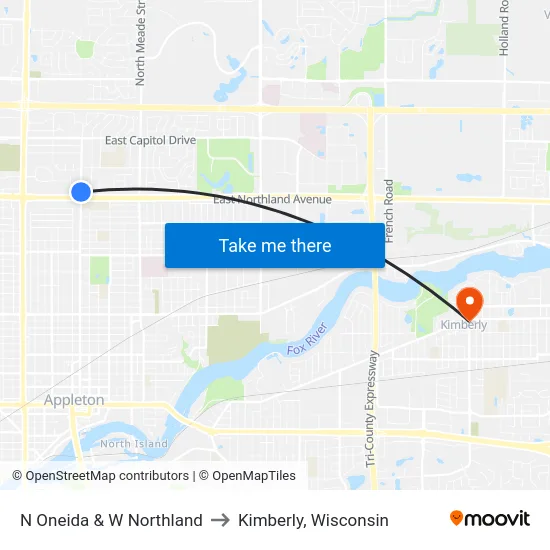 N Oneida & W Northland to Kimberly, Wisconsin map