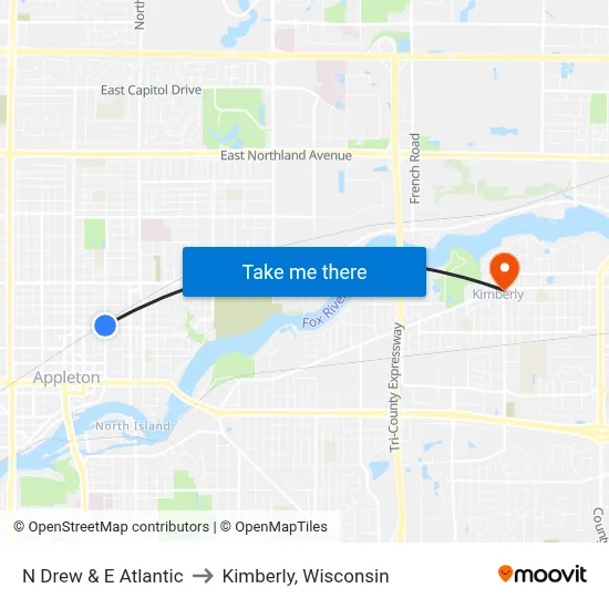 N Drew & E Atlantic to Kimberly, Wisconsin map