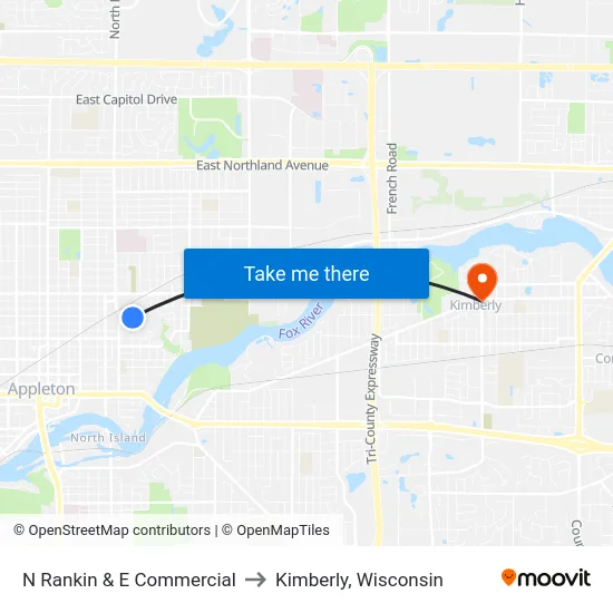 N Rankin & E Commercial to Kimberly, Wisconsin map