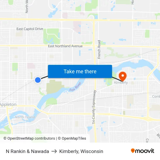 N Rankin & Nawada to Kimberly, Wisconsin map