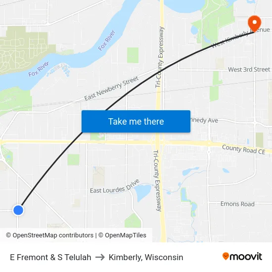 E Fremont & S Telulah to Kimberly, Wisconsin map