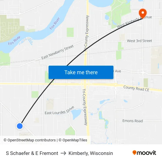 S Schaefer & E Fremont to Kimberly, Wisconsin map