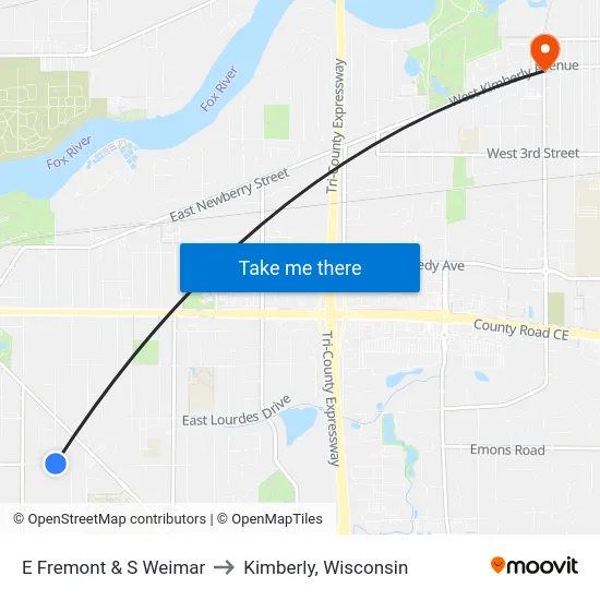 E Fremont & S Weimar to Kimberly, Wisconsin map