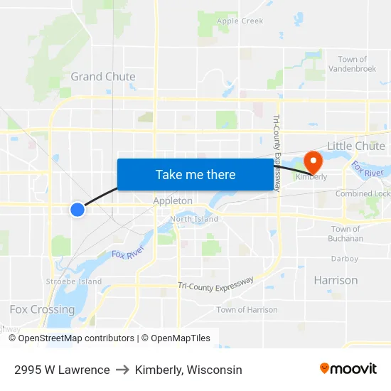 2995 W Lawrence to Kimberly, Wisconsin map