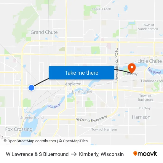 W Lawrence & S Bluemound to Kimberly, Wisconsin map