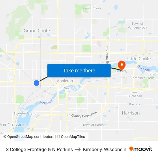 S College Frontage & N Perkins to Kimberly, Wisconsin map