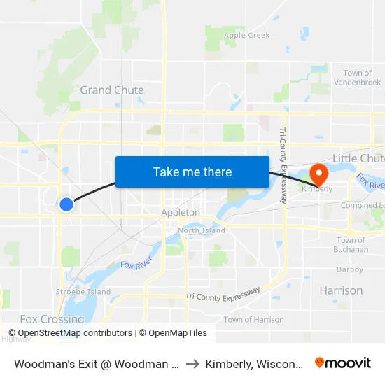 Woodman's Exit @ Woodman Dr to Kimberly, Wisconsin map