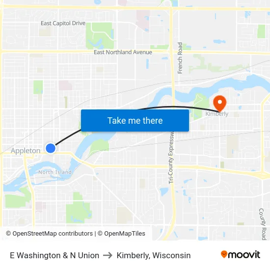 E Washington & N Union to Kimberly, Wisconsin map